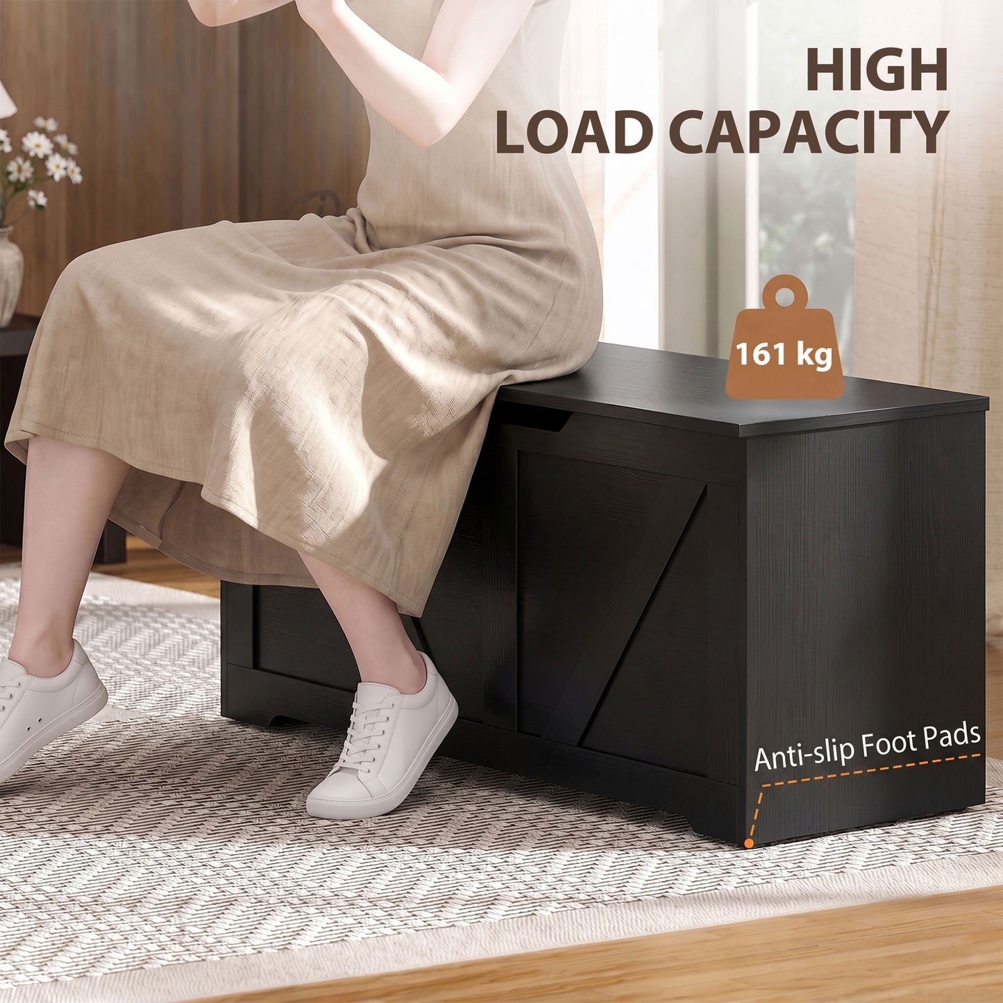 127L Home Storage Box, with Safety Hinges - Black Wood-Effect
