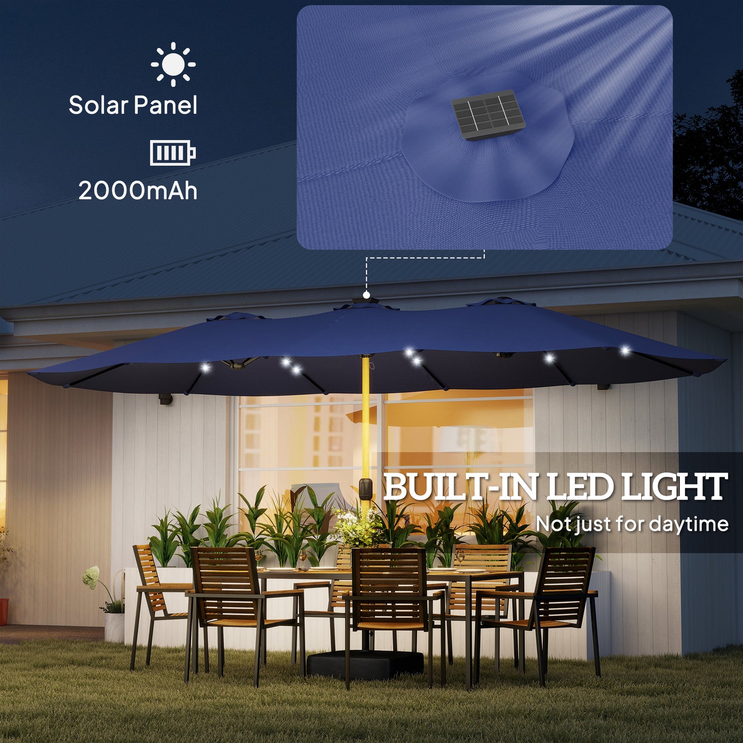 Double Sided Garden Parasol with Base Included & 48 Solar LED Lights Patio Umbrella Crank Handle 4.6m Dark Blue