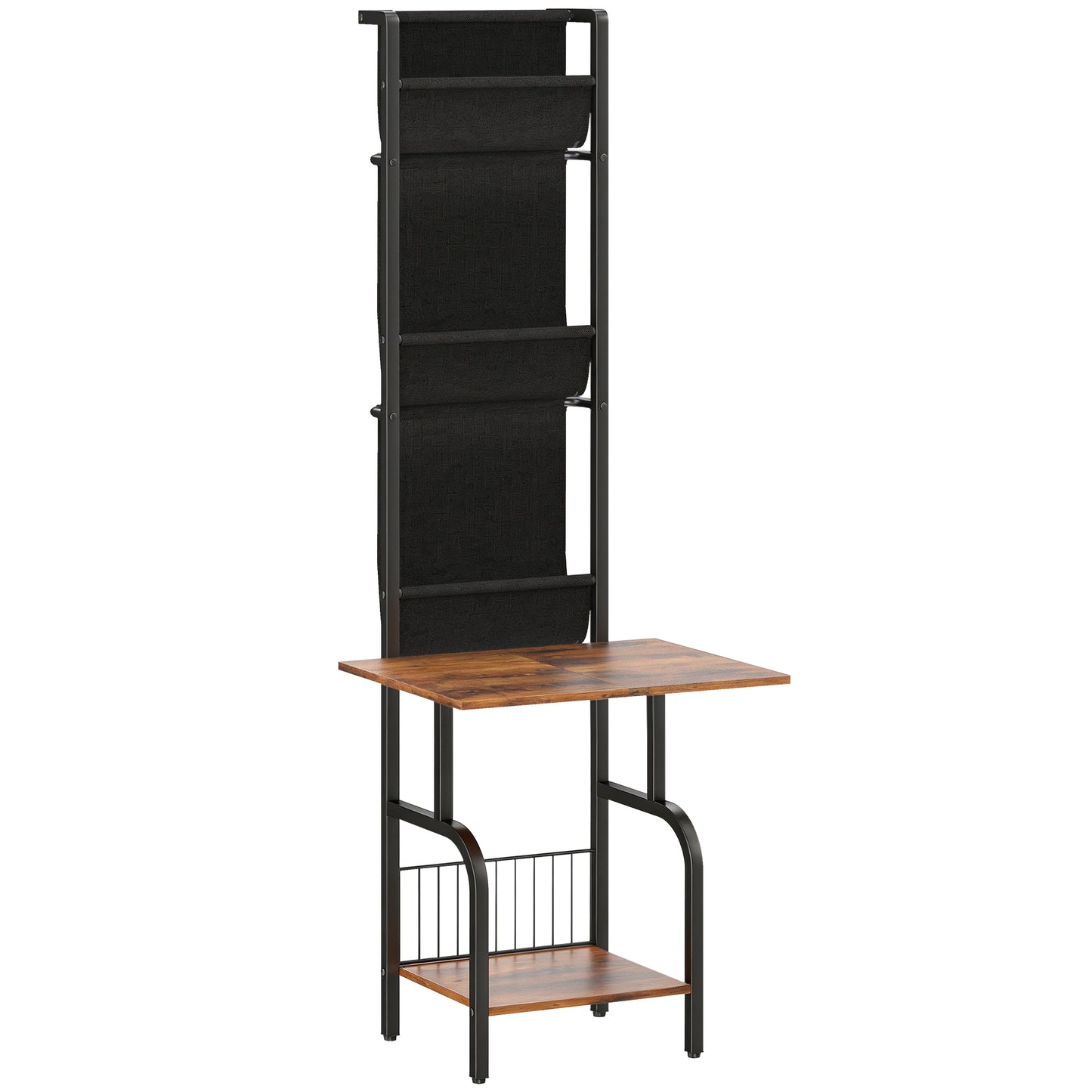 Vinyl Record Player Stand Record Storage with Player Stand Oxford Fabric Pockets Bottom Shelf Rustic Brown and Black
