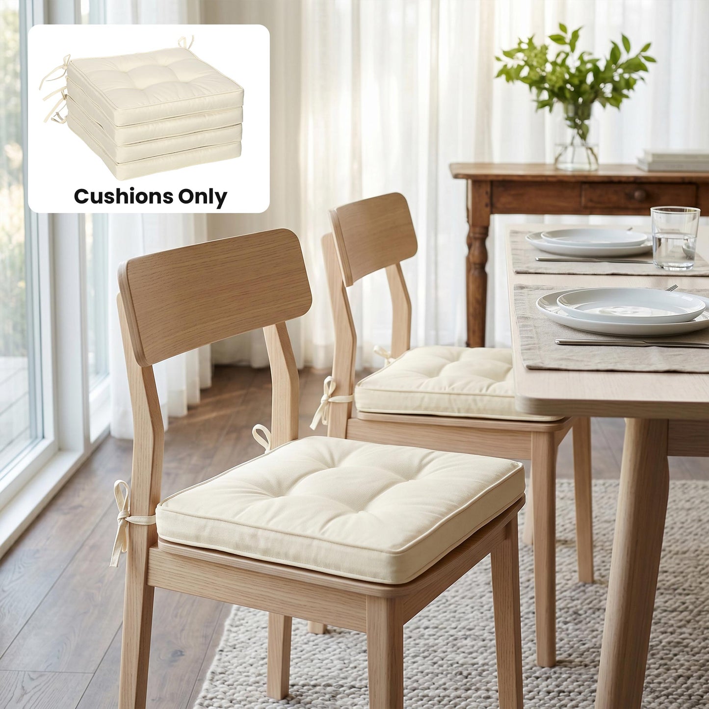 Set of 4 Garden Seat Cushion with Ties, 42 x 42cm Replacement Dining Chair Seat Pad, Cream White