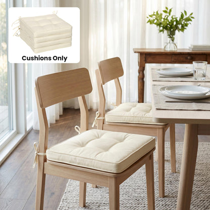 Set of 4 Garden Seat Cushion with Ties, 42 x 42cm Replacement Dining Chair Seat Pad, Cream White