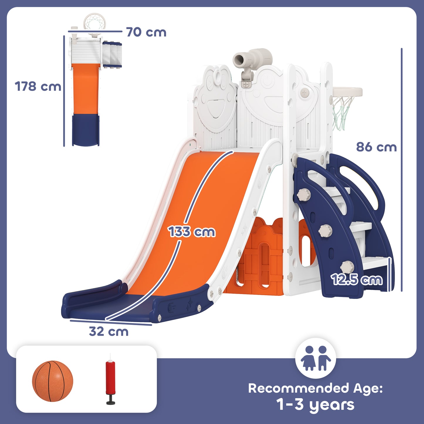 5 in 1 Kids Slide Set with Basketball Hoop, Climbing Frame, Telescope, Storage Box for Toddlers Ages 1-3, Orange