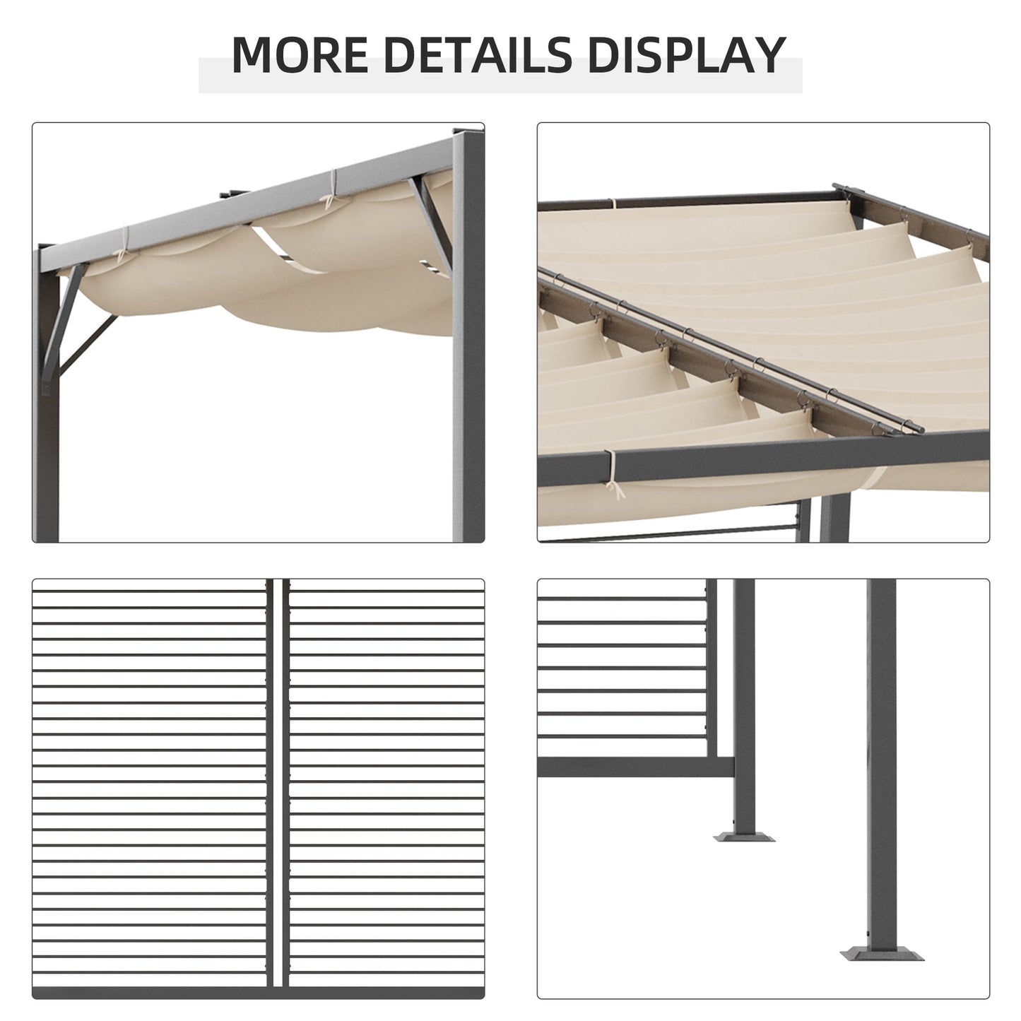 3 x 2.8m Metal Pergola, with Retractable Fabric Roof - Beige
