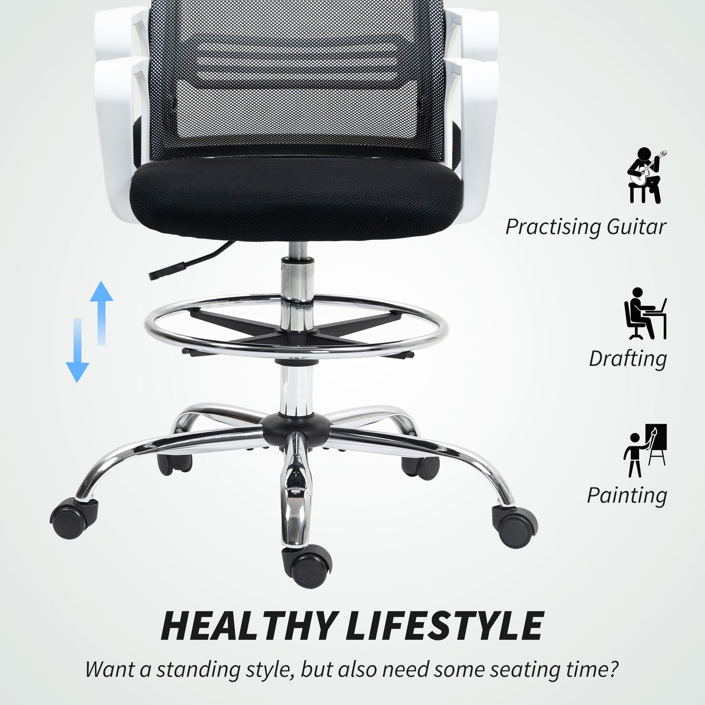 Draughtsman Chair, Mesh Drafting Chair, Ergonomic Office Chair with Lumbar Support, Adjustable Foot Ring, Black
