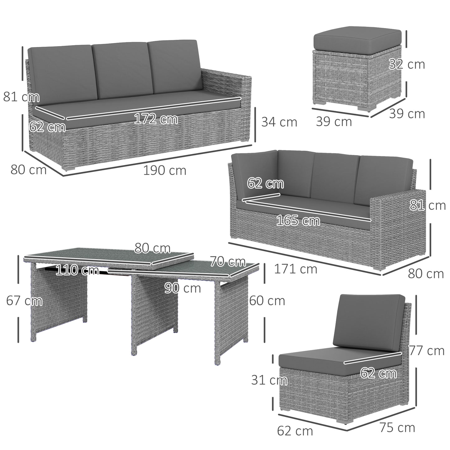 Seven-Piece Rattan Garden Sofa Set, with Expanding Table - Light Grey