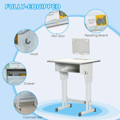 Kids Adjustable Desk and Chair Set, Book Stand, Pen Slot - Grey