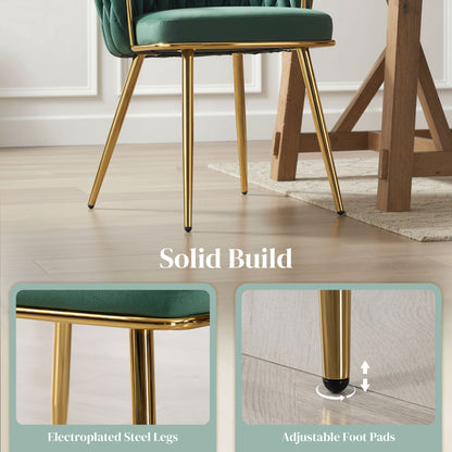 Velvet-Feel Dining Chairs Set of 2, Modern Upholstered Armchair with Knot Design and Golden Metal Legs