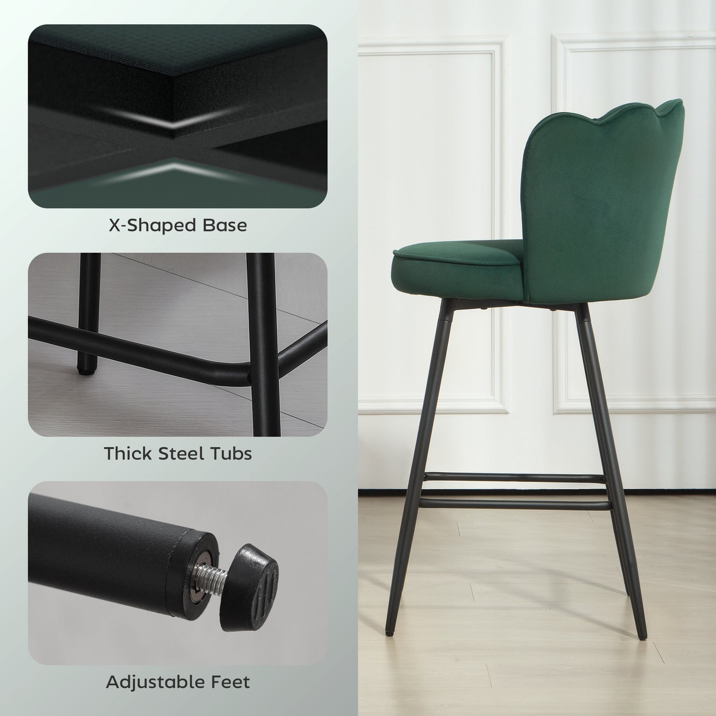 Set of Two Velvet-Feel Lotus Bar Stools - Dark Green