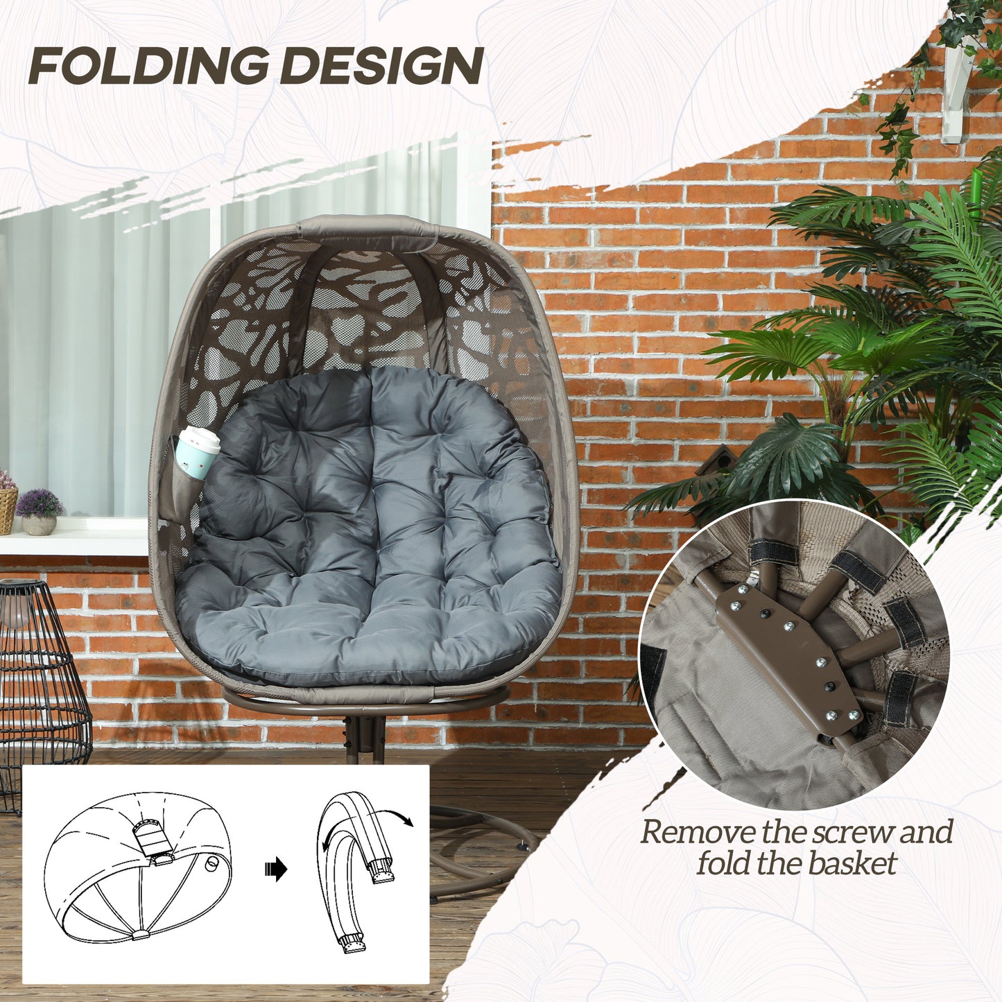 Swivel Egg Chair with Cushions, Foldable Basket Seat and Metal Frame, Indoor Outdoor Lounge Chair for Balcony