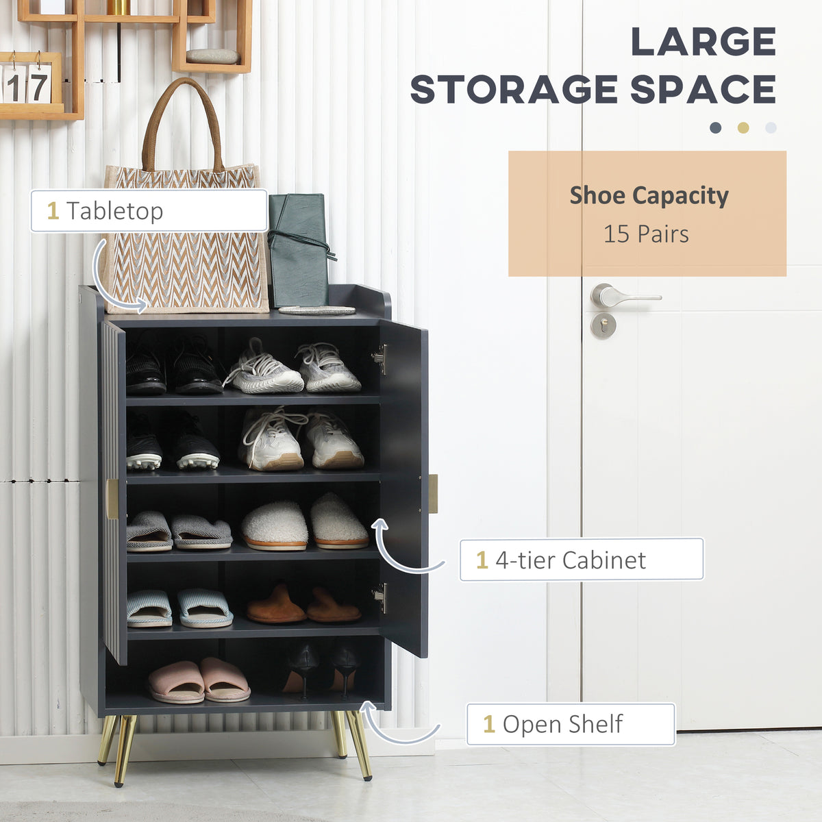 Modern Shoe Cabinet with 2 Doors, Open Shelf and Adjustable Shelves, 15 Pair Hallway Shoe Cupboard, Entryway Storage Unit