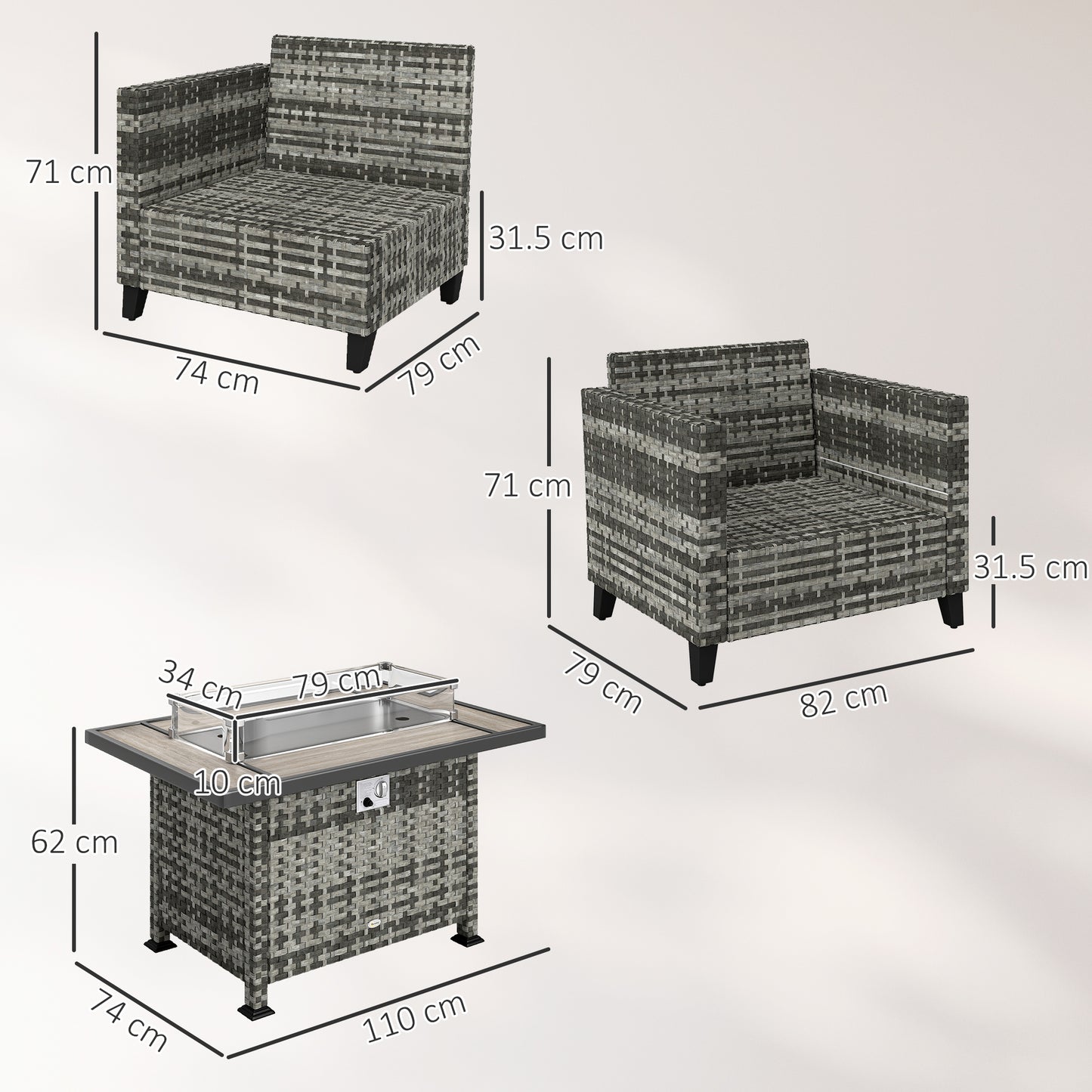 5-Piece Rattan Patio Furniture Set with Gas Fire Pit Table, Loveseat Sofa, Armchairs, Cushions, Pillows, Grey