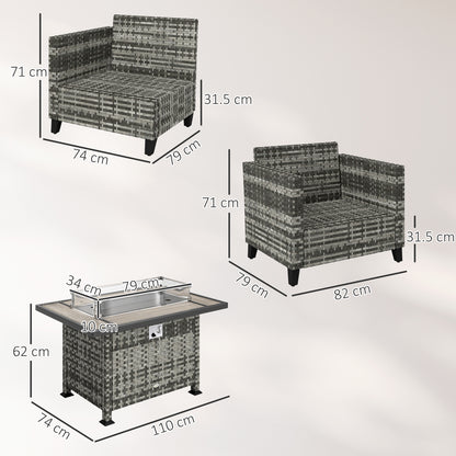 5-Piece Rattan Patio Furniture Set with Gas Fire Pit Table, Loveseat Sofa, Armchairs, Cushions, Pillows, Grey