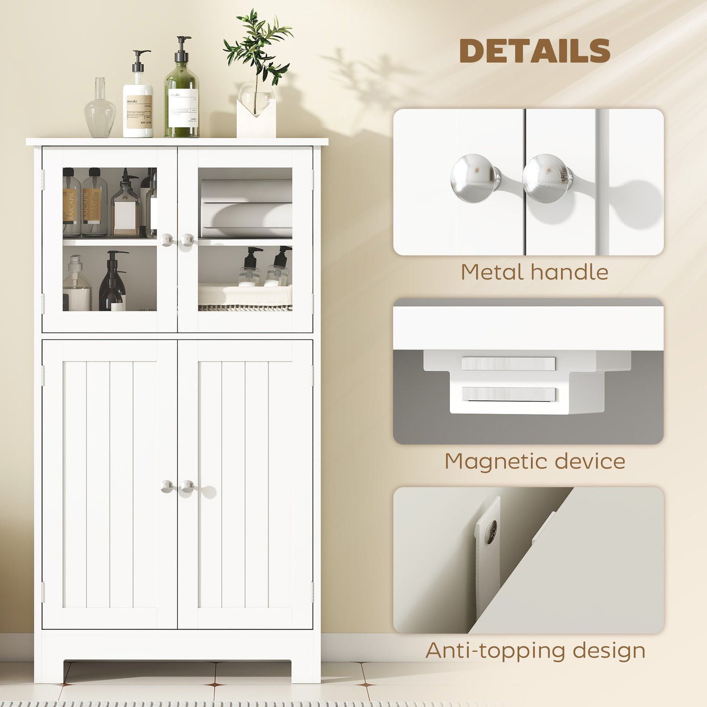 Bathroom Floor Cabinet, Freestanding Kitchen Cupboard with 2 Drawers, Adjustable Shelves and Tempered Glass Door