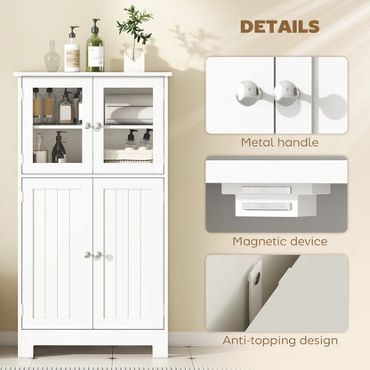 Bathroom Floor Cabinet, Freestanding Kitchen Cupboard with 2 Drawers, Adjustable Shelves and Tempered Glass Door