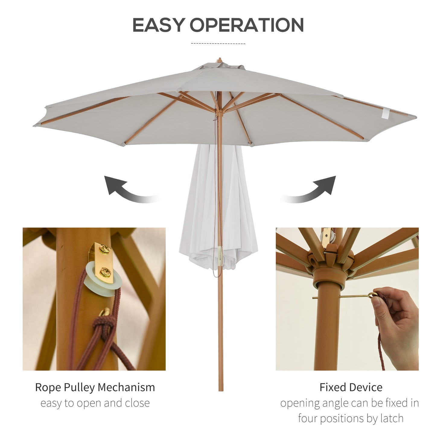 3(m) Garden Parasol, Pulley Operated Patio Umbrella, Wooden Table Market Umbrella with Rope Pulley Mechanism and 8 Ribs, Grey