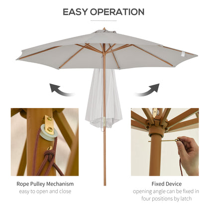 3(m) Garden Parasol, Pulley Operated Patio Umbrella, Wooden Table Market Umbrella with Rope Pulley Mechanism and 8 Ribs, Grey