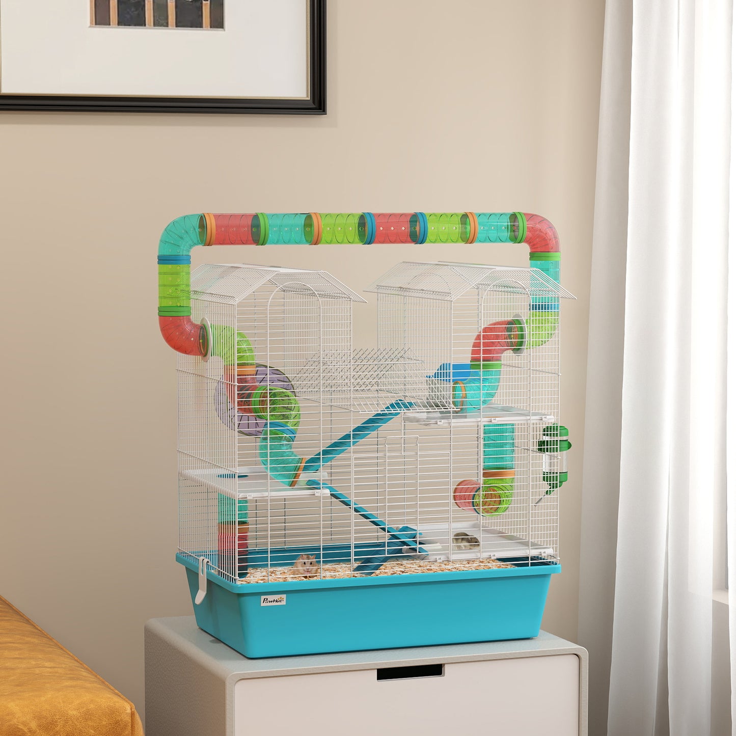 4 Tier Hamster Cage w/ Tubes, Exercise Wheel, Hut, Water Bottle, Food Dish, Ramps, for Dwarf Hamster, Light Blue