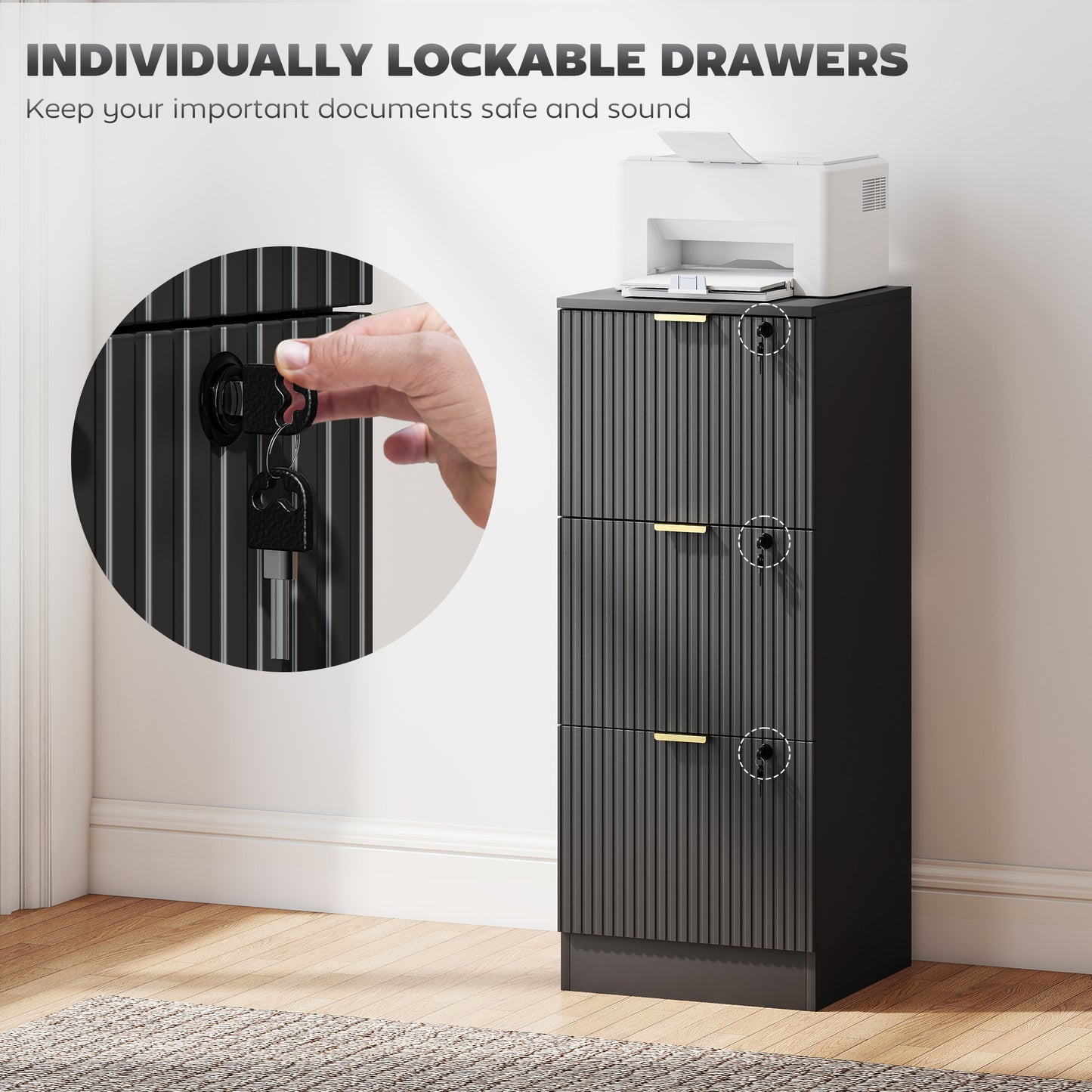 Filing Cabinet, Fluted Vertical File Cabinet with 3 Lockable Drawers and Hanging Rails, Black