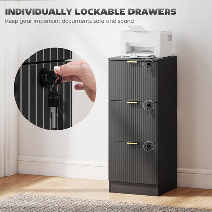 Filing Cabinet, Fluted Vertical File Cabinet with 3 Lockable Drawers and Hanging Rails, Black