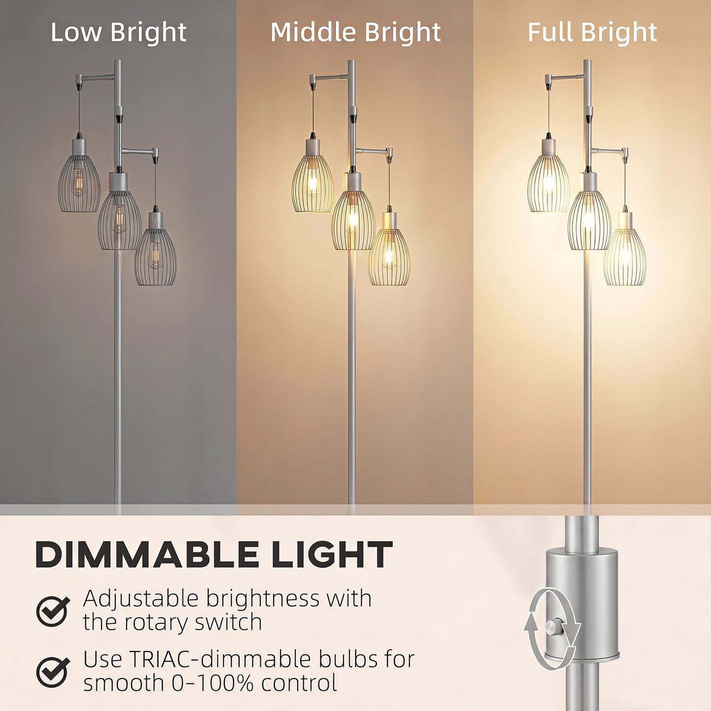 170.5cm Industrial Dimmable Standing Lamp, 3-Light Floor Lamp with Steel Wire Cage Lampshades, Silver Tone