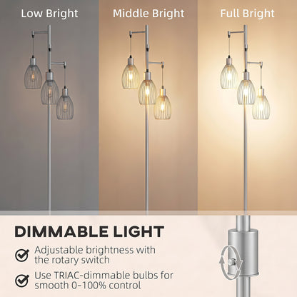 170.5cm Industrial Dimmable Standing Lamp, 3-Light Floor Lamp with Steel Wire Cage Lampshades, Silver Tone