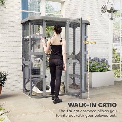 Catio Outdoor Cat Enclosure, Wooden Cat House with Platforms, Condo and Waterproof Cover for 2–3 Kittens, Grey