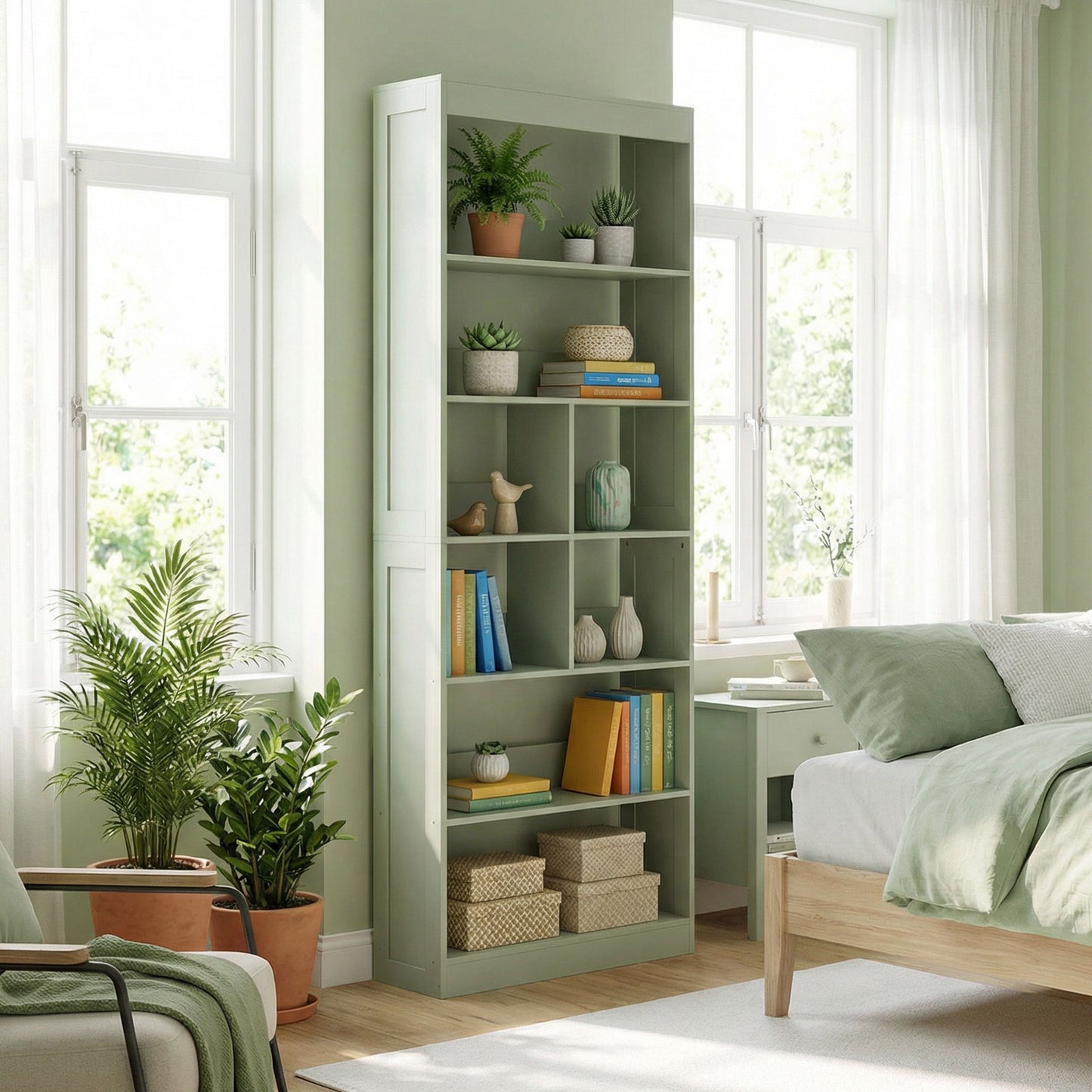 Bookcase, 6-Tier Bookshelf with Open Storage Shelves, Cubes, 180 cm Tall Display Shelf with Anti-Tipping Design, Green