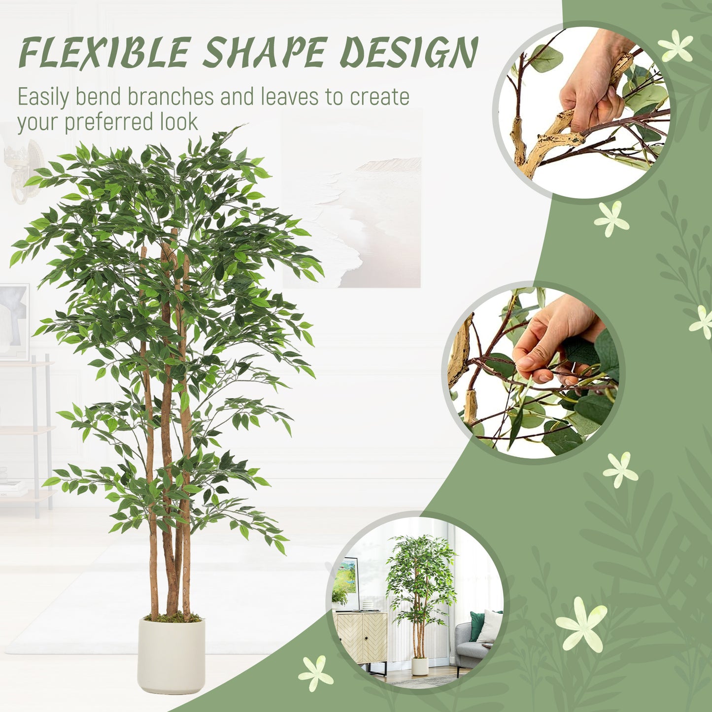 180cm Artificial Ficus Tree, Fake Potted Tree with Solid Wood Trunk and Pot for Indoor, Green
