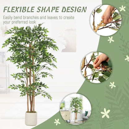 180cm Artificial Ficus Tree, Fake Potted Tree with Solid Wood Trunk and Pot for Indoor, Green