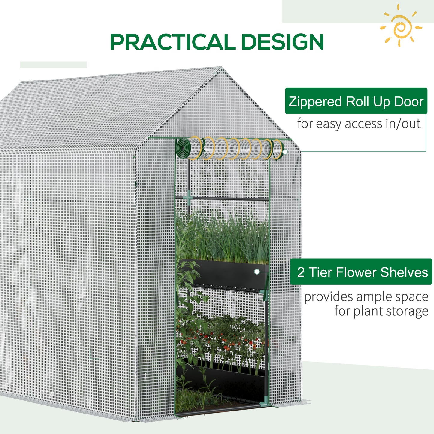 Walk In Greenhouse with 2-Tier Shelves, Roll up Zip Panel Door, Garden Polytunnel Steeple Grow House for Outdoor