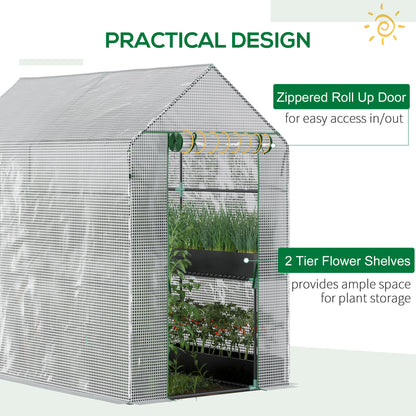 Walk In Greenhouse with 2-Tier Shelves, Roll up Zip Panel Door, Garden Polytunnel Steeple Grow House for Outdoor