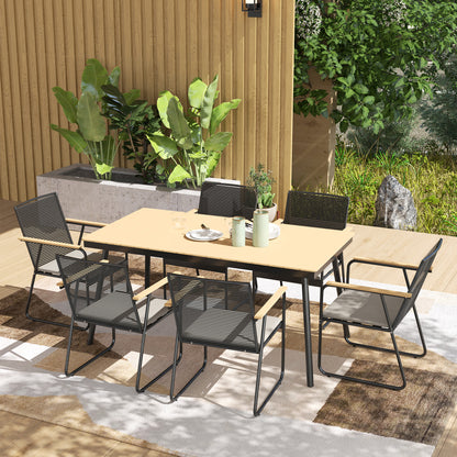 6‑Seater Garden Dining Set with Cushions, Rattan Backrest, Plastic Top, Garden Furniture Set, Natural Wood Finish