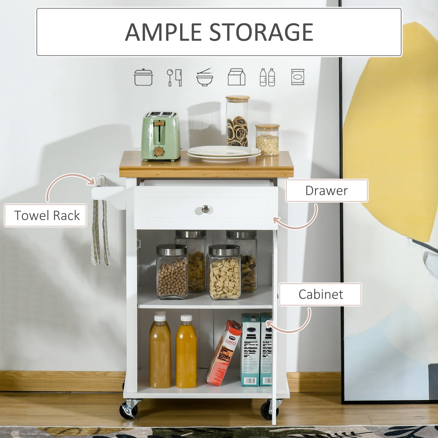 Kitchen Storage Trolley on Wheels with Bamboo Worktop, Rolling Kitchen Island Cart with Drawer and Towel Rack for Dining Room