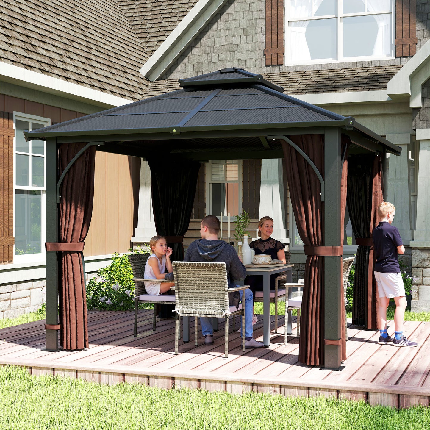 3 x 3(m) Hardtop Gazebo Canopy with 7mm Polycarbonate Double-Tier Roof, Garden Gazebo Permanent Pavilion