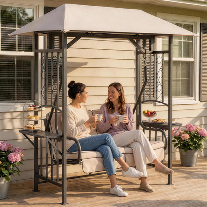 Outdoor Garden 2 Seater Canopy Swing Chair Seat Porch Loveseat Vintage Hammock Cushioned Seat w/ Steel Frame and Side Drink P