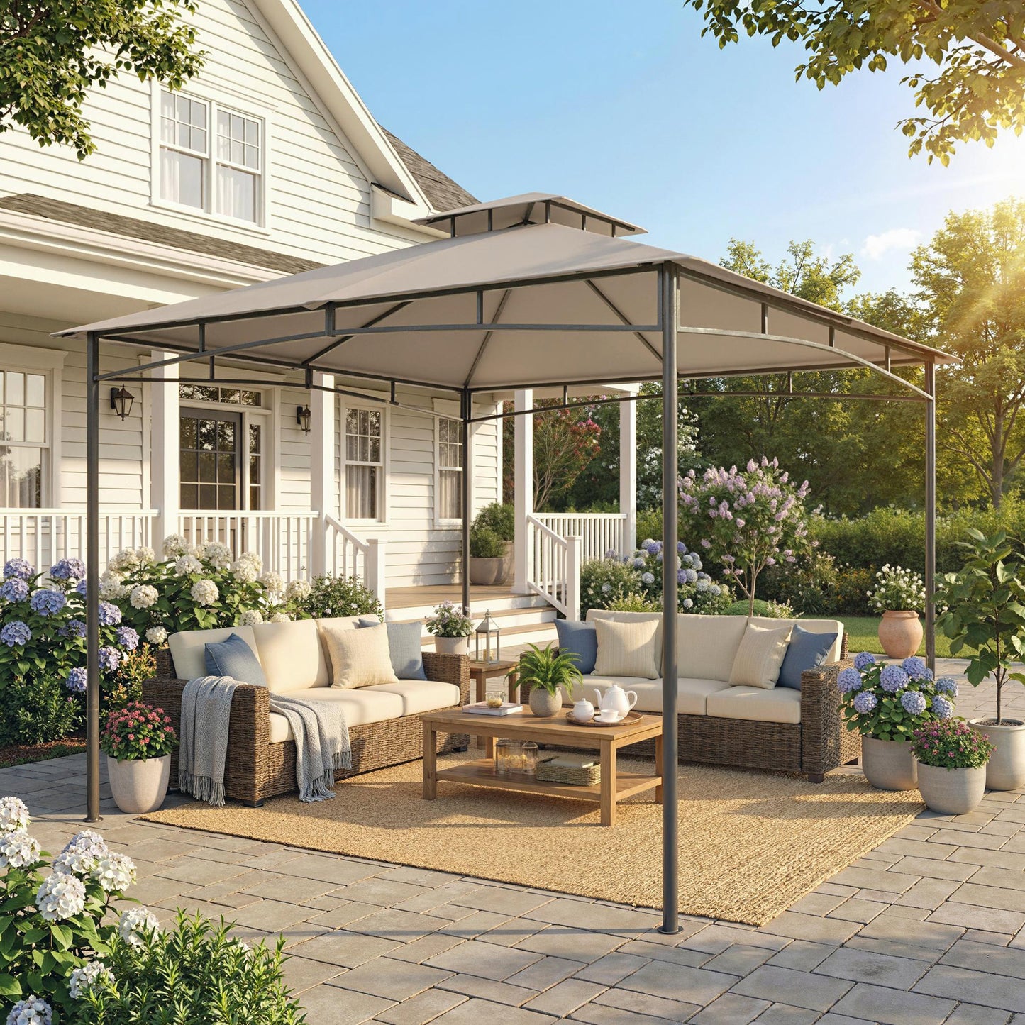 3 x 3 m Gazebo, Garden Gazebo with 2-Tier Roof, Metal Frame, Khaki