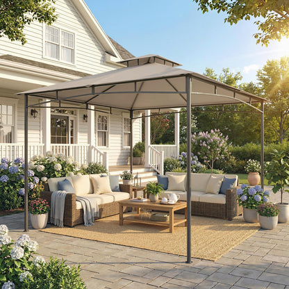 3 x 3 m Gazebo, Garden Gazebo with 2-Tier Roof, Metal Frame, Khaki