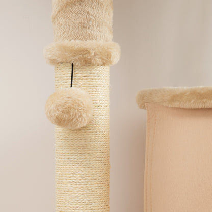 132cm Cat Tree w/ Scratching Posts, Pad, Cat Bed, Cat House, Jumping Platform, Grooming Brush, Anti-Tip Kit, Beige