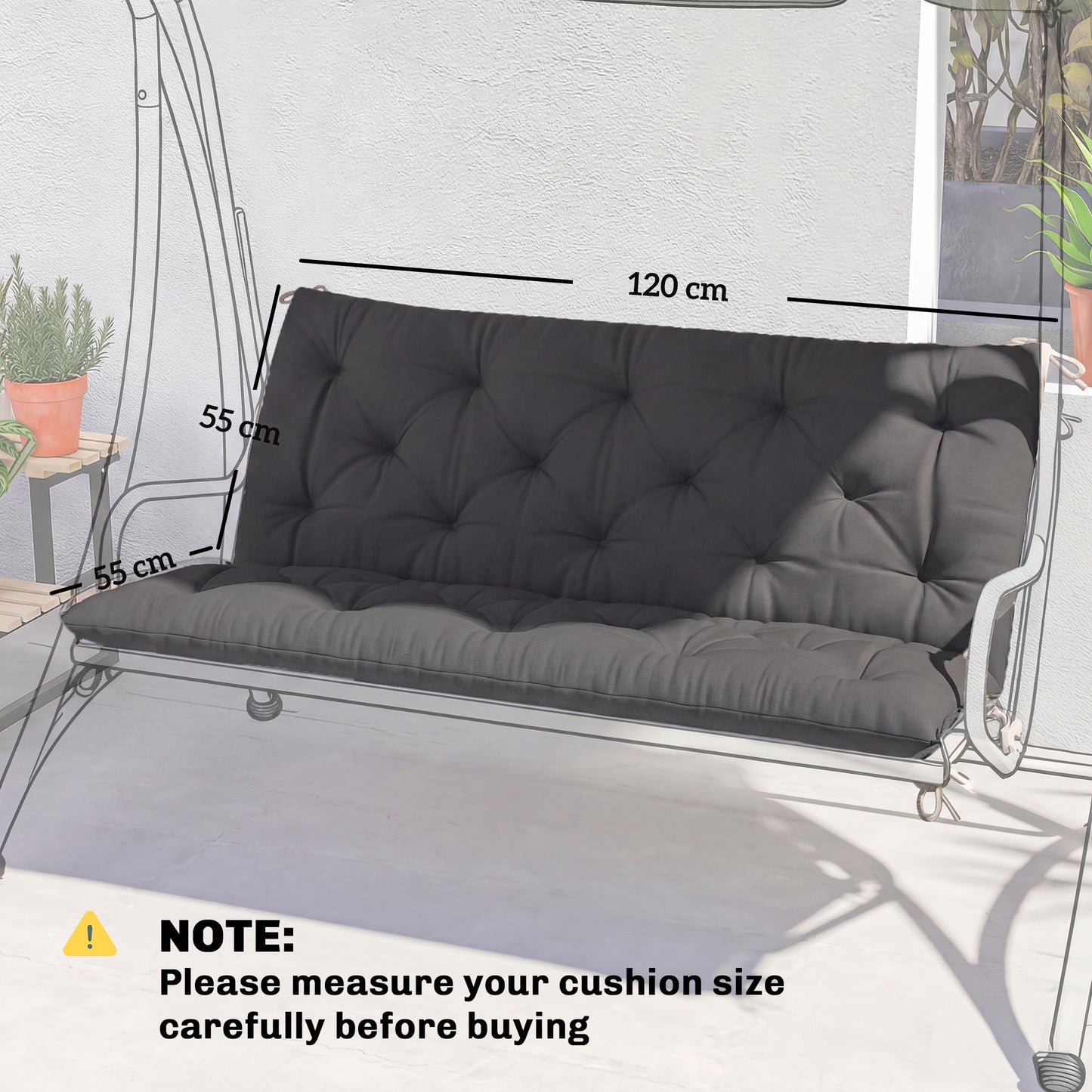 Garden Bench Cushion, 2 Seater Swing Chair Cushion, Seat Pad with Ties for Indoor and Outdoor Use, 110 x 120 cm, Black