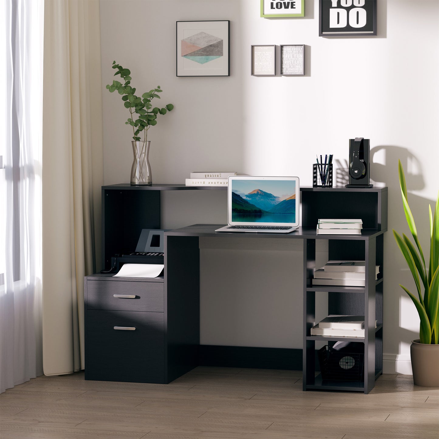 Computer Desk with Drawers and Storage Shelves, Office Desk Writing Table with Printer Stand, Black