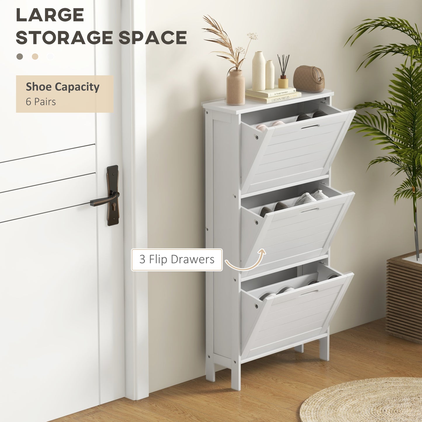 Narrow Shoe Cabinet with 3 Flip Drawers - White