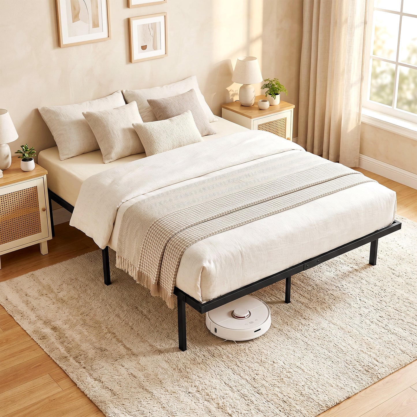 4ft6 Double Bed Frame with Underbed Storage, Metal Platform Bed Frame with Steel Slat Support, No Box Spring Needed