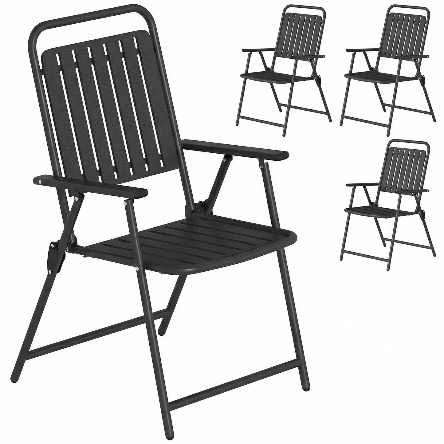 Folding Garden Chairs, Garden Dining Chairs with Plastic Slatted Seat Back, Armrests, Steel Frame, Set of 4, Black