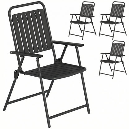 Folding Garden Chairs, Garden Dining Chairs with Plastic Slatted Seat Back, Armrests, Steel Frame, Set of 4, Black