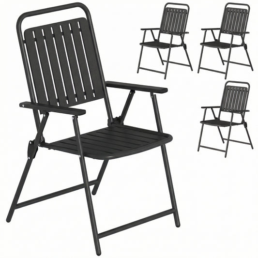 Folding Garden Chairs, Garden Dining Chairs with Plastic Slatted Seat Back, Armrests, Steel Frame, Set of 4, Black