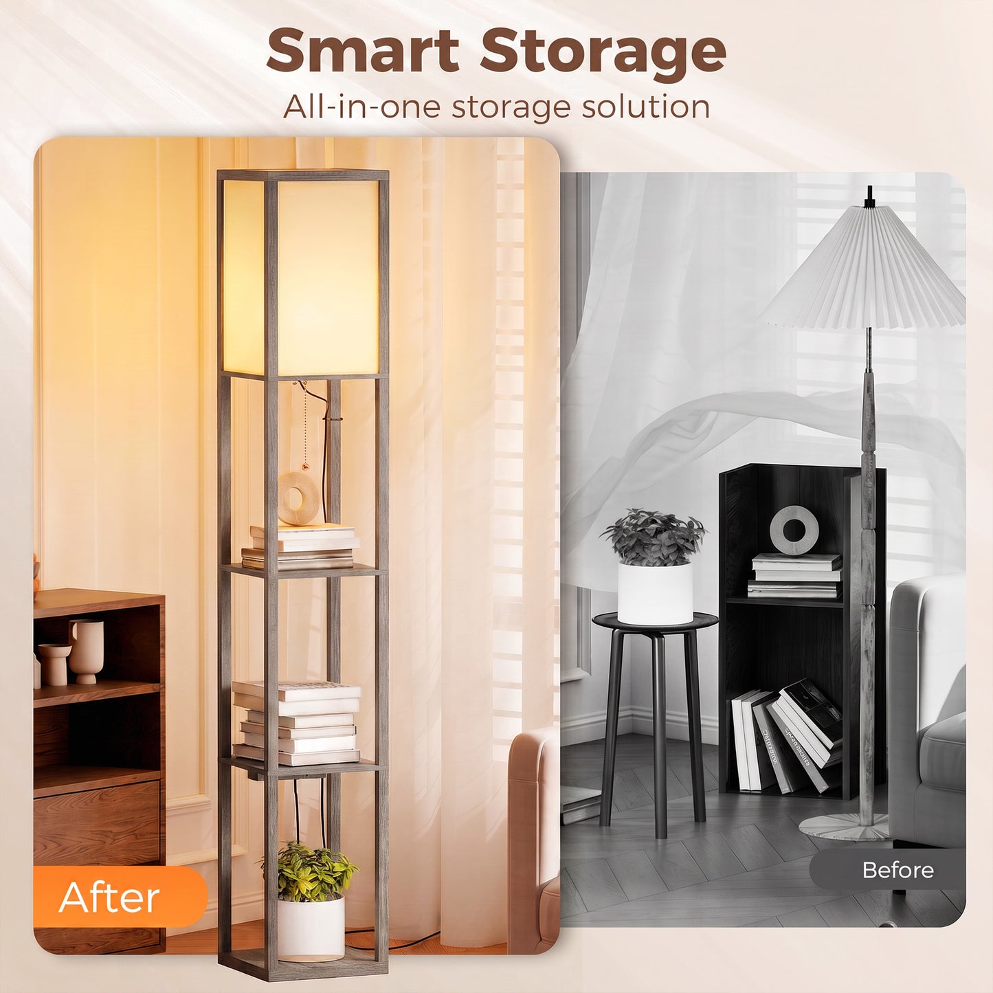 Floor Lamp with Shelves, 3 Layer Column Modern Standing Lamp for Living Room, Bedroom, Office, Grey