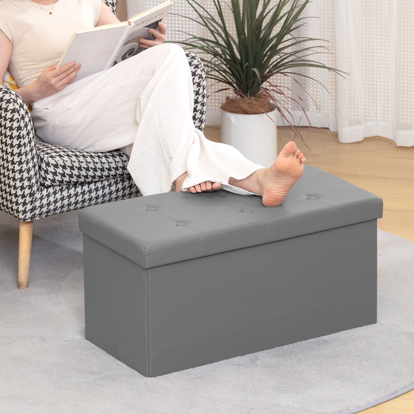 Storage Ottoman Bench, 89L PU Leather Folding Foot Rest Stool, End of Bed Bench, Easy Assembly, for Living Room, Bedroom
