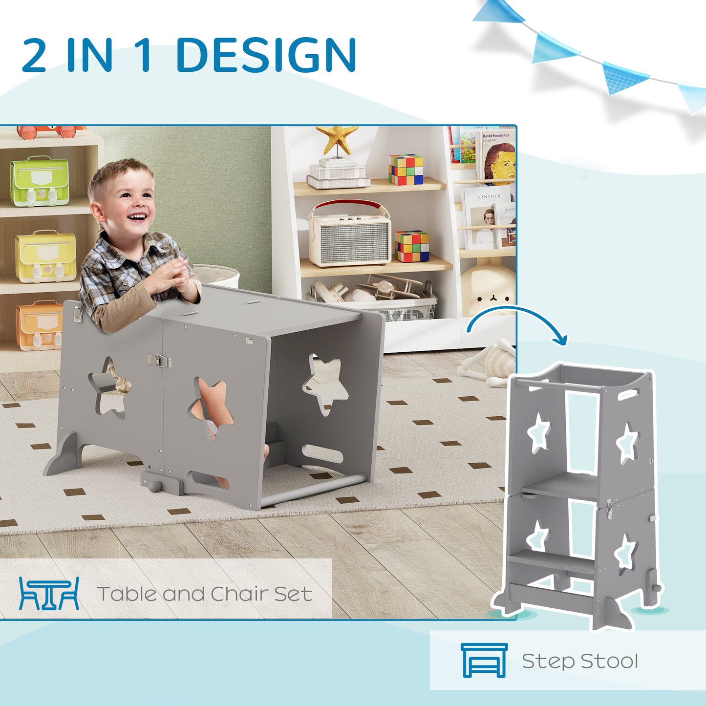 2-in-1 Toddler Step Stool with Safety Rail for Kitchen, Bathroom, Grey