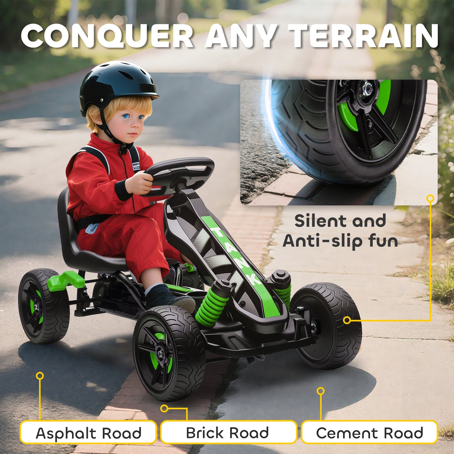Pedal Go Kart for Kids Aged 3-6 Years, with Freewheel System, Brake, EVA Anti-Slip Wheels, Green
