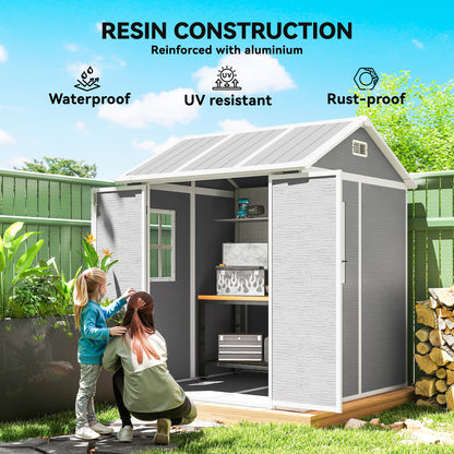 6 x 6ft Garden Shed with Floor, Window, Lockable Doors and Vents, Wood Effect Resin Tool Shed for Outdoor Patio, Grey